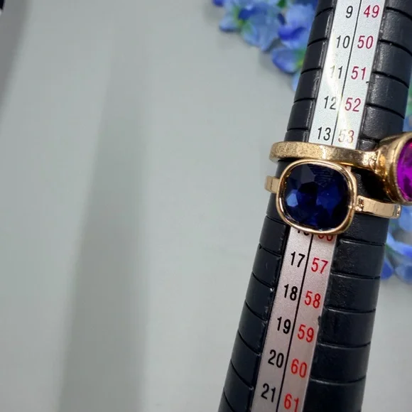 Gold Stackable Set of 2 Station Ring with Fuchsia and Blue Crystals - Picture 5 of 7